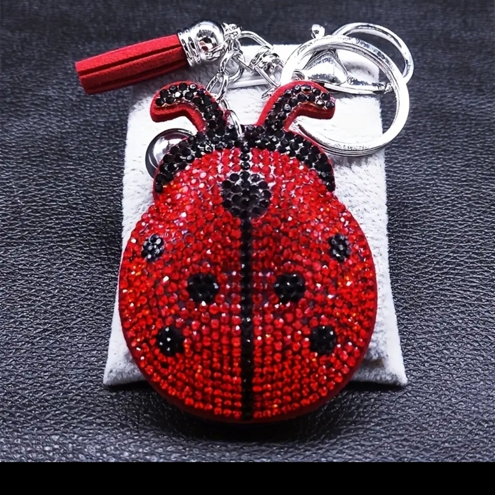 Ladybug Rhinestone Purse Charm Silver with Tassel